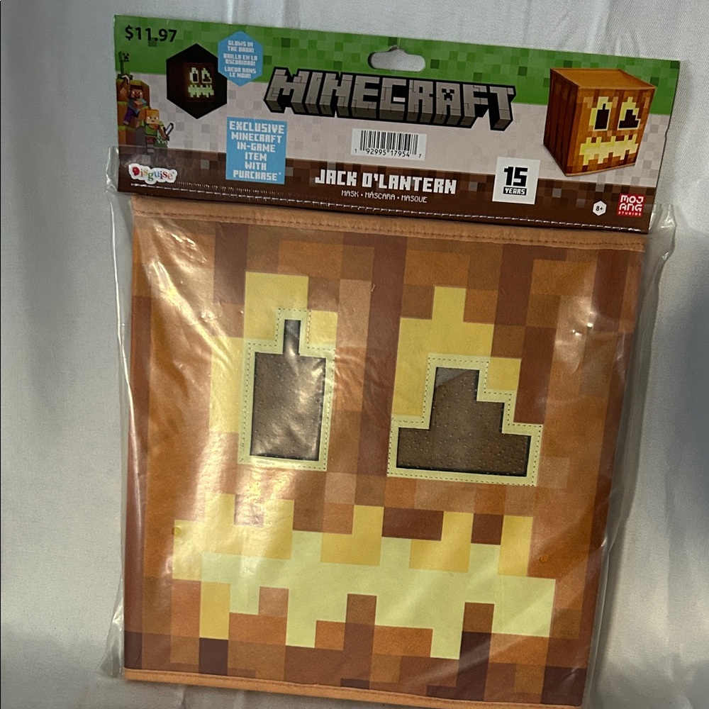 Ages 8+ Minecraft Jack O'Lantern Block Head Mask Costume Accessory Brand New